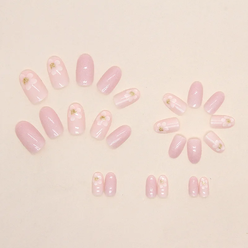 24 pieces of sweet and dreamy pink gentle flowing sand flower fake nails