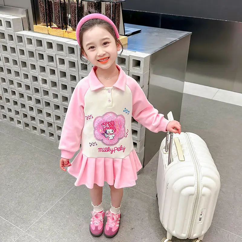 Anime Sanrios Jurk Met Lange Mouwen Kawaii Kuromi Meisje Schattige Preppy Rok Mode Geplooide Rok Schattige Prinsessenrok Kinderkleding