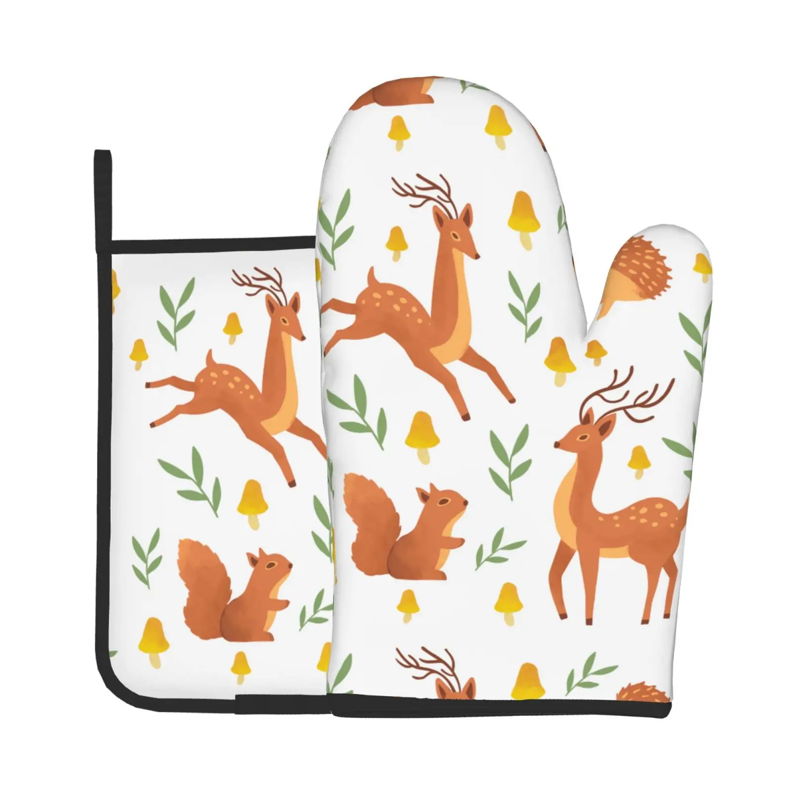 

Sika Deer & Squirrel & Hedgehog Pattern Oven Mitts and Pot Holders Heat Resistant Oven Gloves Safe Cooking Baking Grilling