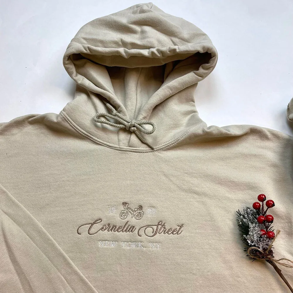 Cornelia Street Bicycle Embroidered Elegant Hooded Sweatshirts Women Autumn Terry Cotton Loose Casual Pullover Retro Hoodies