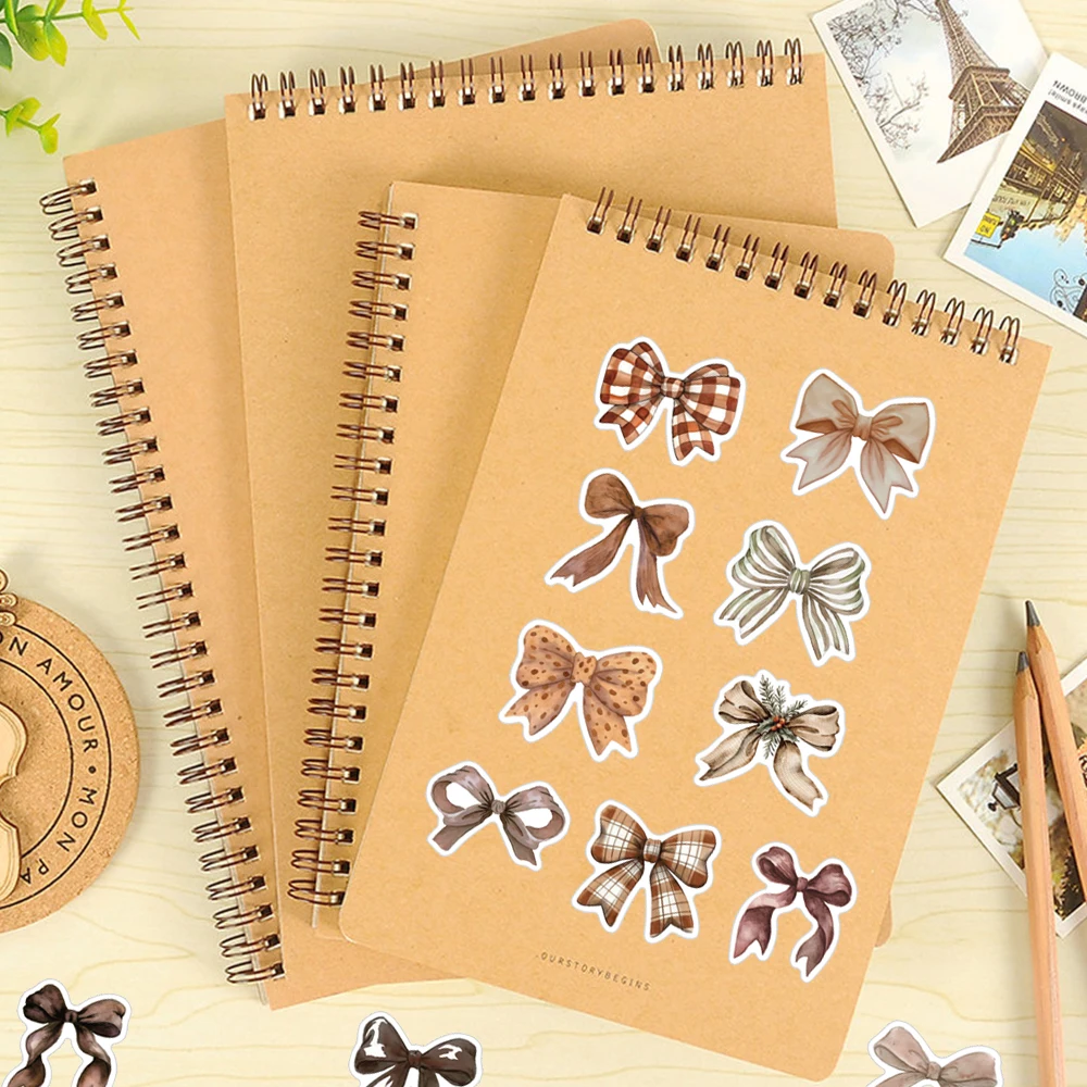 50PCS Retro Bow Graffiti Stickers Waterproof PVC Brown Classical Style Art Decoration Guitar Book Phone Case Water Cup Luggage