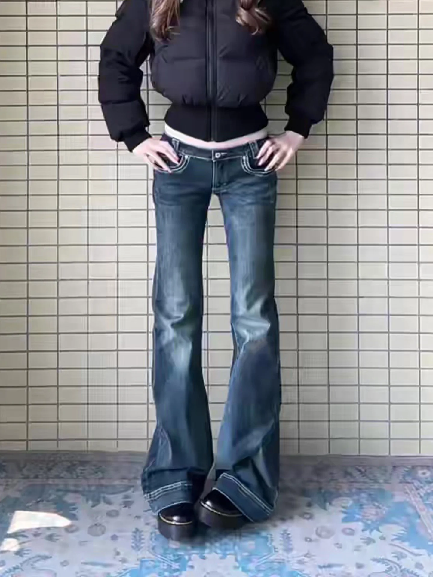 

Синие джинсы Bell Bot с низкой талией, женские зимние новые длинные брюки в стиле ретро с грушевым принтом, длинные брюки в стиле ретро, американский Sle Pur...