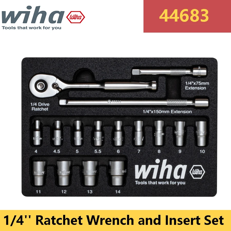 

WIHA 44683 1/4'' Ratchet Wrench and Insert Set with 13 Sockets Ratchet Handle and Extension Wiha Ratchet Wrench