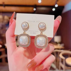 Trendy Korean Long Earrings For Women Pearl Geometry Elegant Female Dangle Drop Earrings 2024 New Fashion Jewelry Accessories