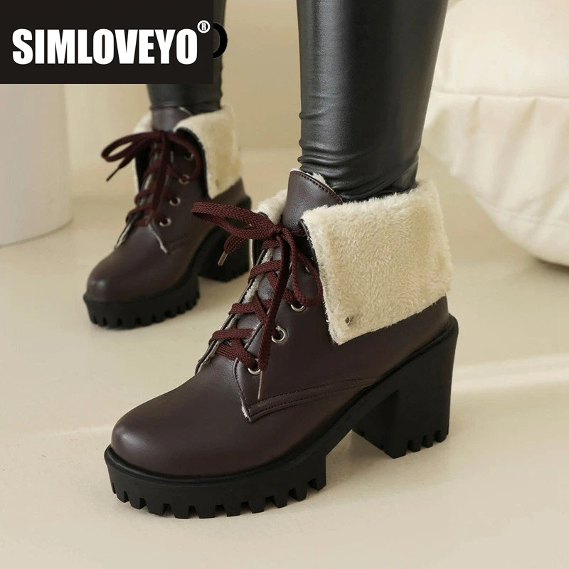 

SIMLOVEYO Ankle Boots for Women Round Toe Block Heels 8.5cm Platform 2.5cm Lace Up Warm Plush Winter Casual Bota Big Size 42 43
