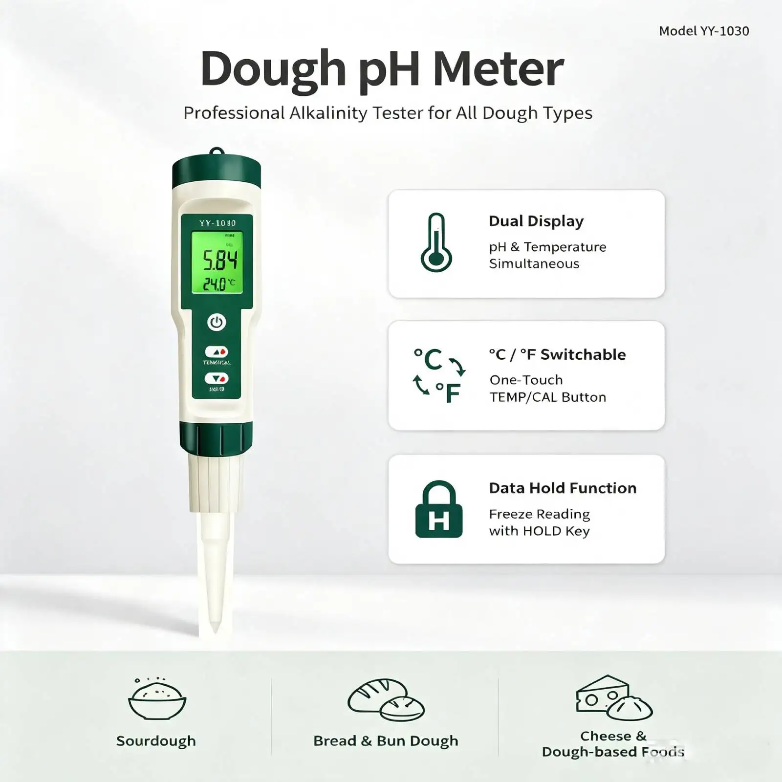 Portable Food pH Tester Pen YY-1030 with Puncture Probe 0-14pH ±0.1 High Precision ATC Waterproof Backlit