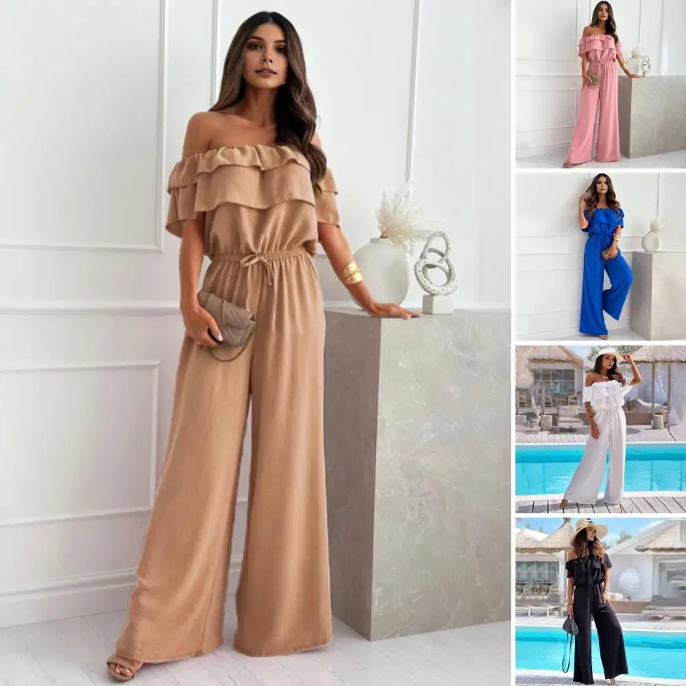 

Women Jumpsuit Elegant Off Shoulder Ruffle Jumpsuit Chic Wide Leg Drawstring Waist Backless Pleated Design for Ol Commute