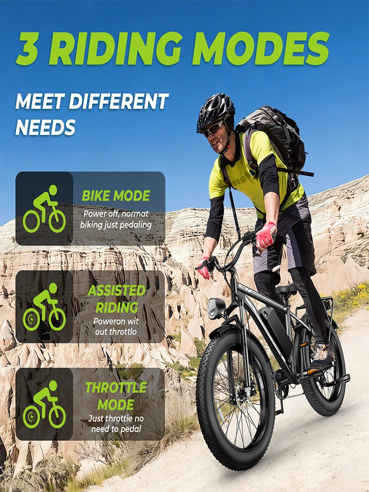 Elektrofahrrad F26 mit Hochleistungsakku 48V 15,6AH, max. 50 km Reichweite, Einzelmotor, Geschwindigkeit 25 km/h, 26 Zoll Big Fat Reifen, All-Terrain, Heckgepäckträger, 3 Fahrmodi, 7 Gänge,