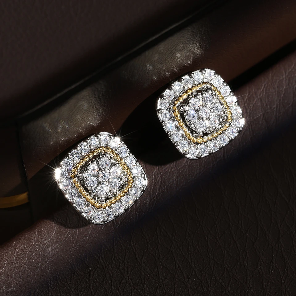 Uilz Square Shiny Zircon Stud Earrings For Women Gold And Silver Mixed Color Removable Earring Bride Wedding Party Jewelry