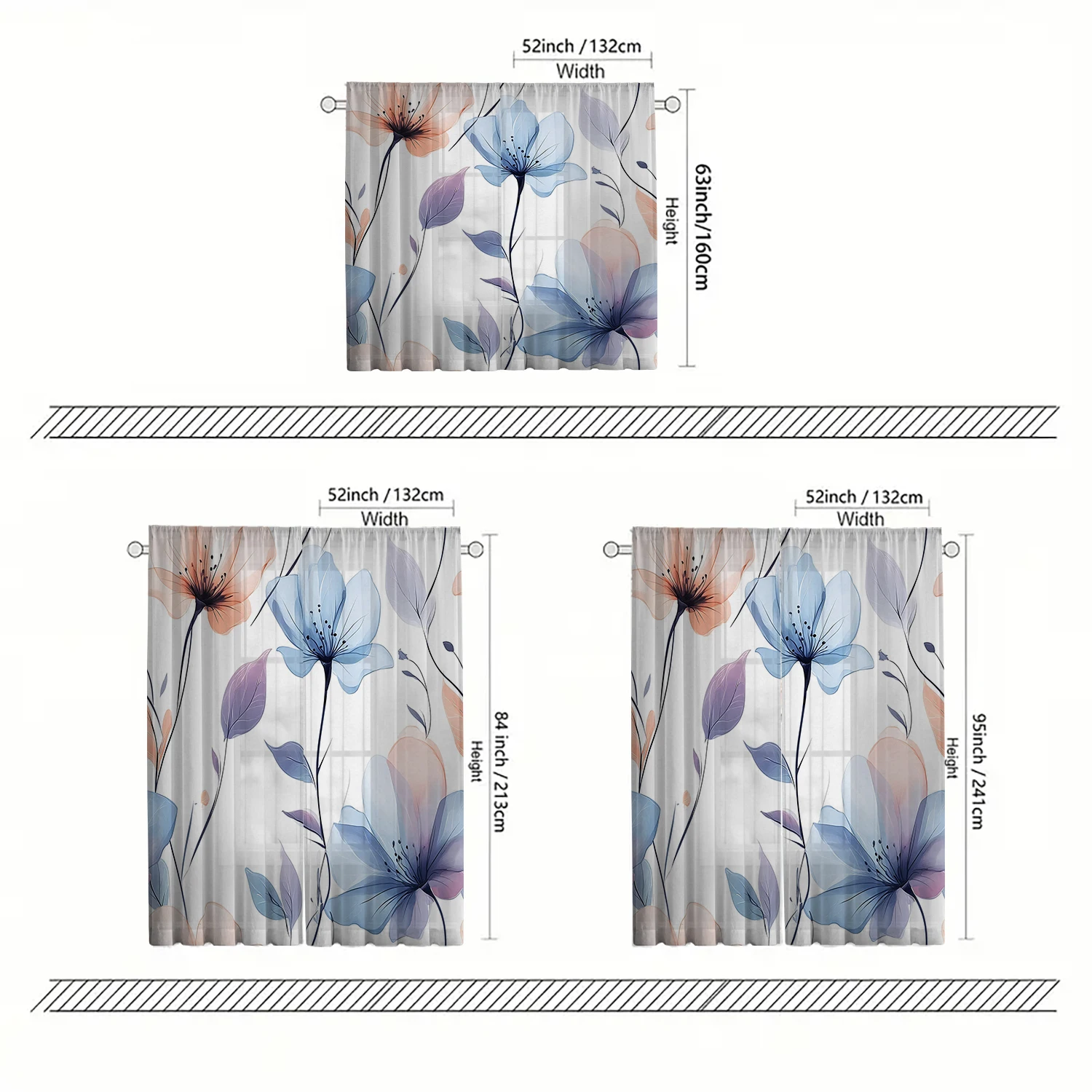 2 Pieces HD Digital Blue minimalist flower Printed Window Screen Home Decor Style Decoration Living Room Bedroom Rod