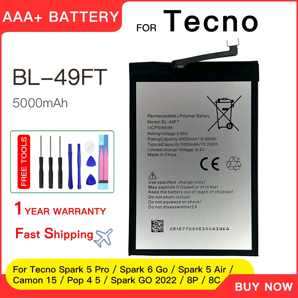 Batería de BL-49FT genuina para Tecno Spark 5 Pro / Spark 6 Go / Spark 5 Air / Camon 15 / Pop 4 5 / Spark GO 2022 / 8P / 8C BL49FT