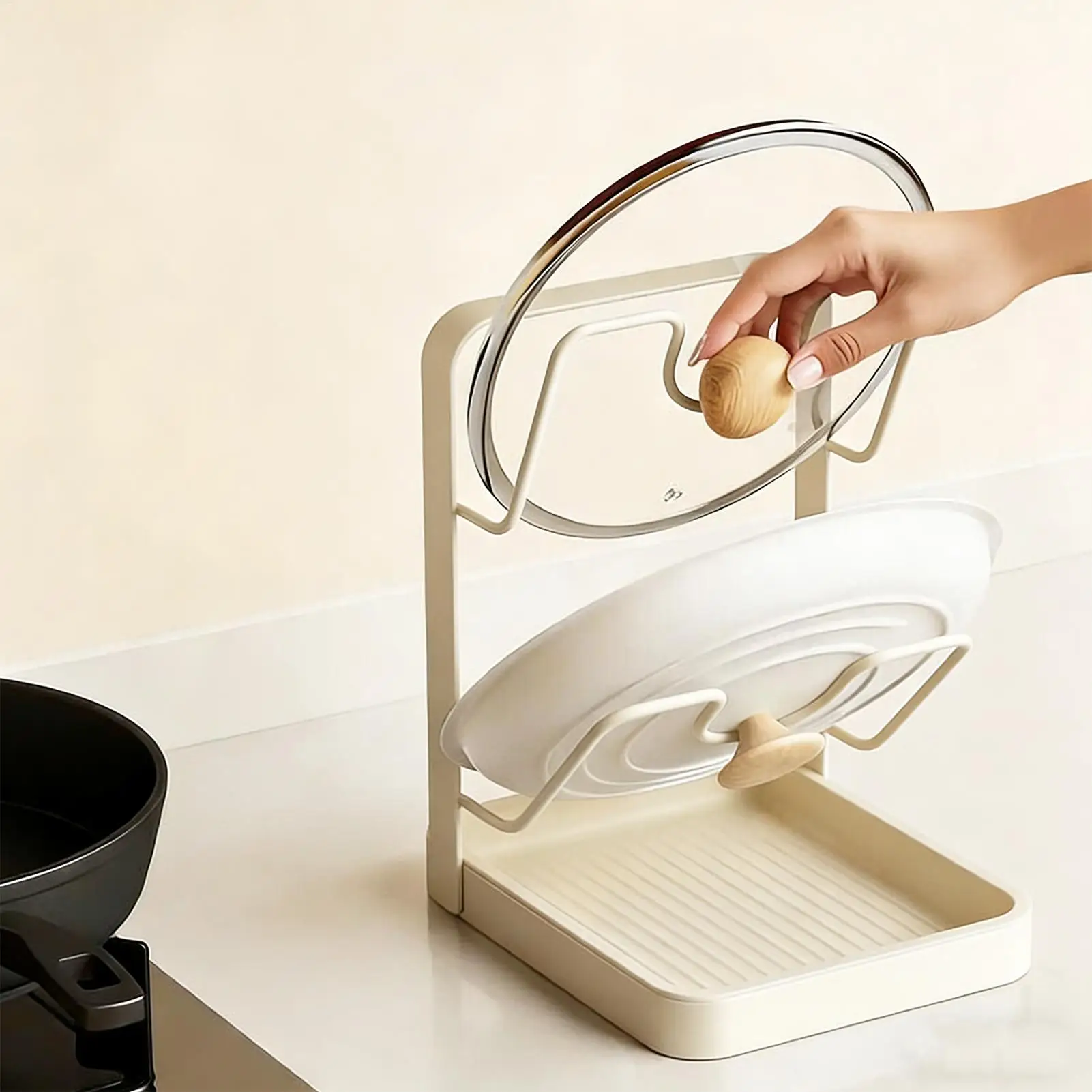 Pot Lid Organizer Anti-Slip Kitchen Storage Stand Kitchen Lid Rack for Pot Pan for Ladle Spatula Spoon Plate Dish Cabinet view 4