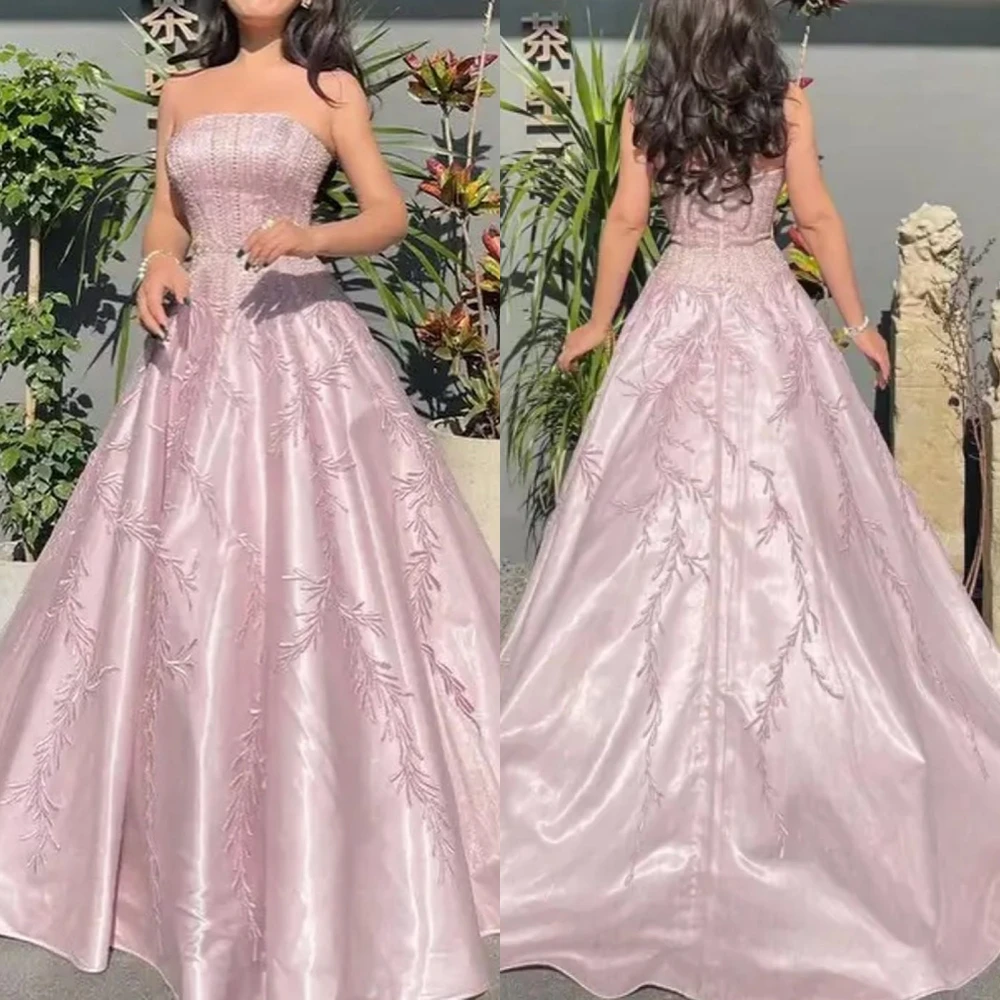 Customized Sparkle Women Strapless Ball Gown Party Dress Beading Embroidery Floor Length Satin Evening Casual