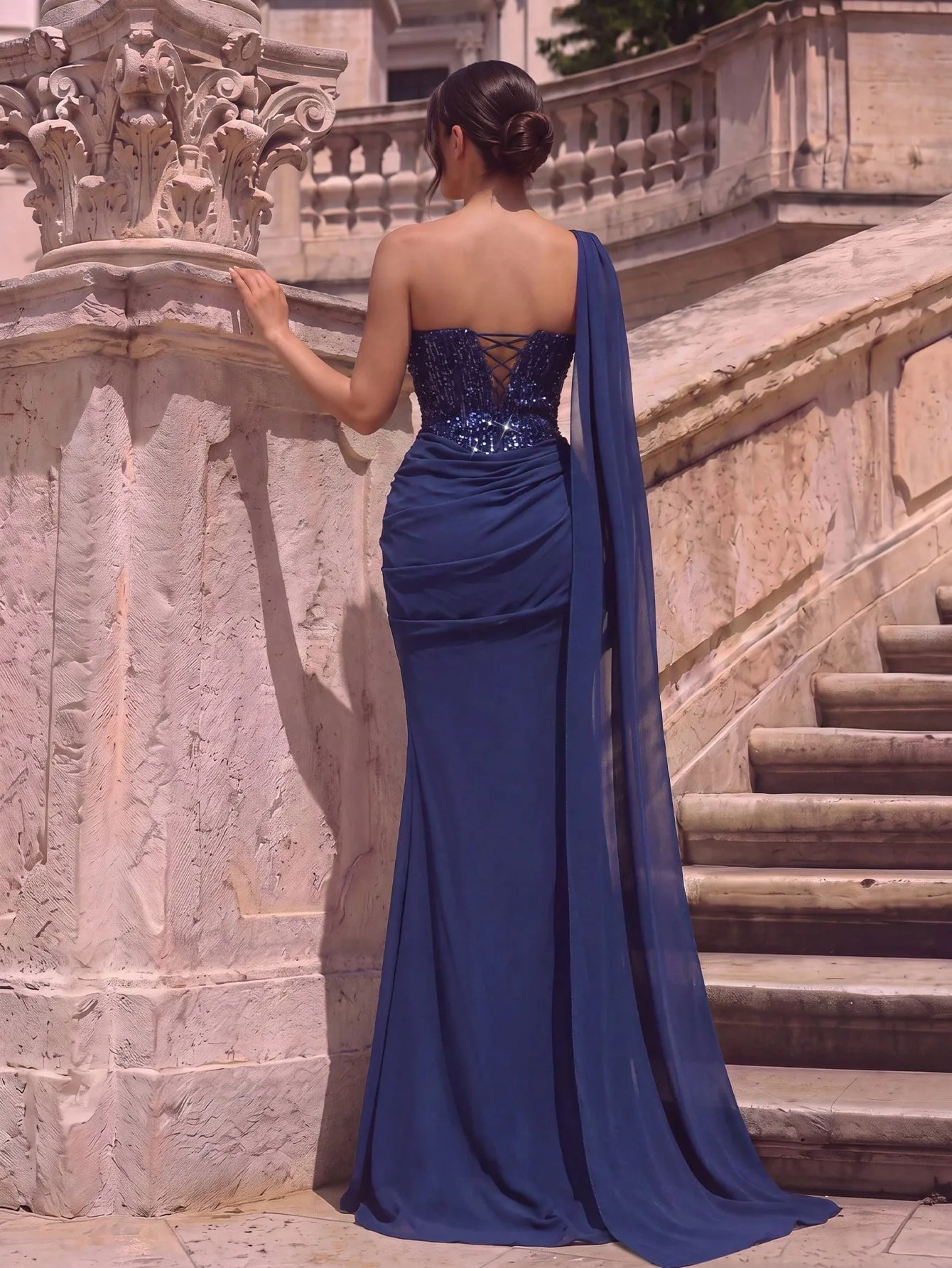 Women One Shoulder Evening Dresses Navy Blue Sequined Bodice Draped Chiffon Mermaid Formal Prom Party Dresses
