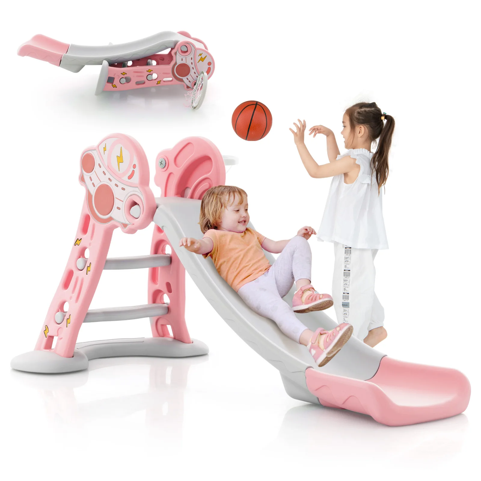 

3-in-1 Kids Indoor Slide w/ Basketball Hoop & Basketball, Safe Buffer Zone Pink