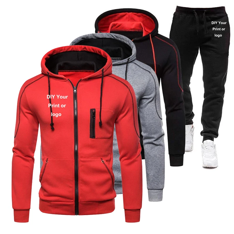 Nuovo Logo personalizzato moda uomo cerniera tute da Jogging felpa con cappuccio + pantaloni tute da corsa Set di vestiti