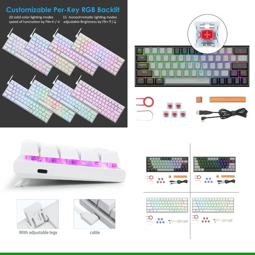 

Механическая клавиатура U55C, 63 клавиши, 14 беспроводных оптических переключателей с RGB-подсветкой, 2,4G BT5.0