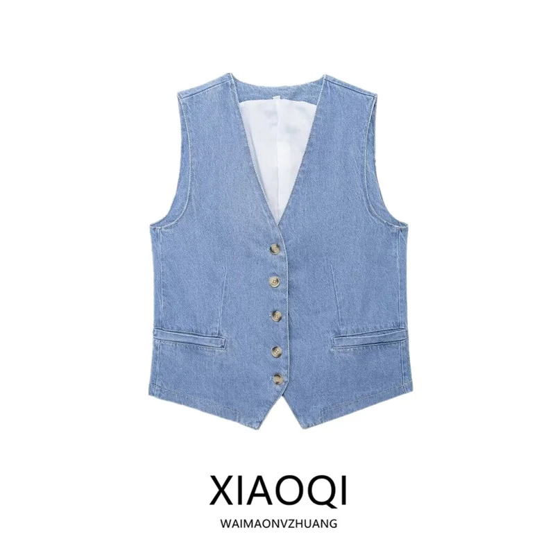 

Faionable Slim Fit V-Ne Single Button Denim Vest 2024 Summer New Women's Clothing Versatile Sle Classic Blue Color