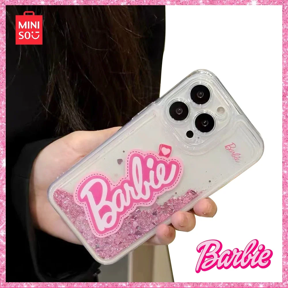 Miniso Ins Barbie Sparkling Pink Quicksand Transparent All-Inclusive Iphone Case for 15/14/13/12Promax Apple New Girl Gift Tide