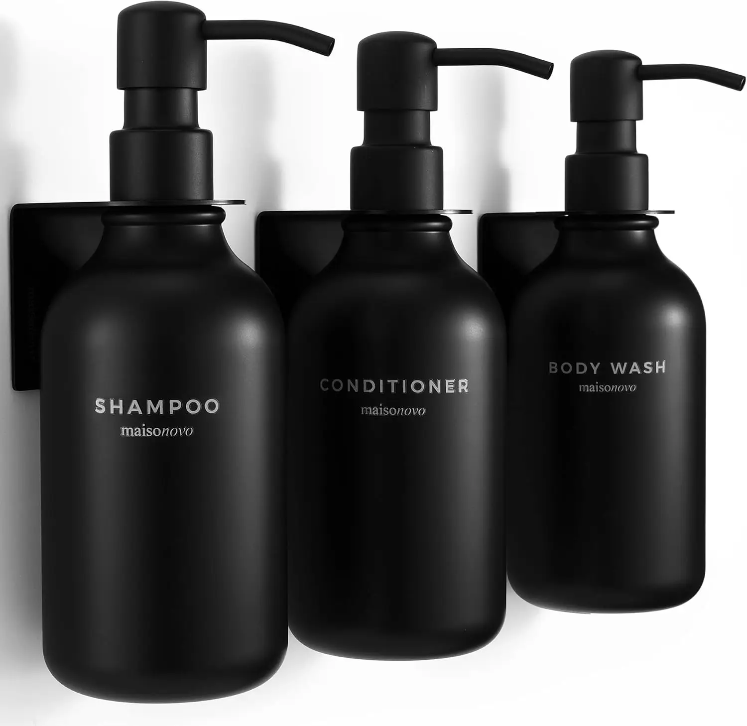 

Wall-Mounted Shampoo & Conditioner Dispenser Set - 3 Black Bottles, No Drill Installation, 16.9 fl oz