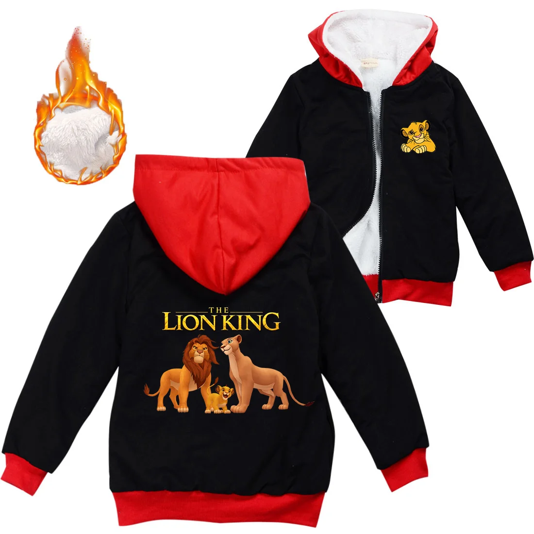 The Lion King Warm Winter Jacket For Boys Girls with Zipper Children Hooded Sweater Coat Thicken Kids Outerwear Cute Clothing