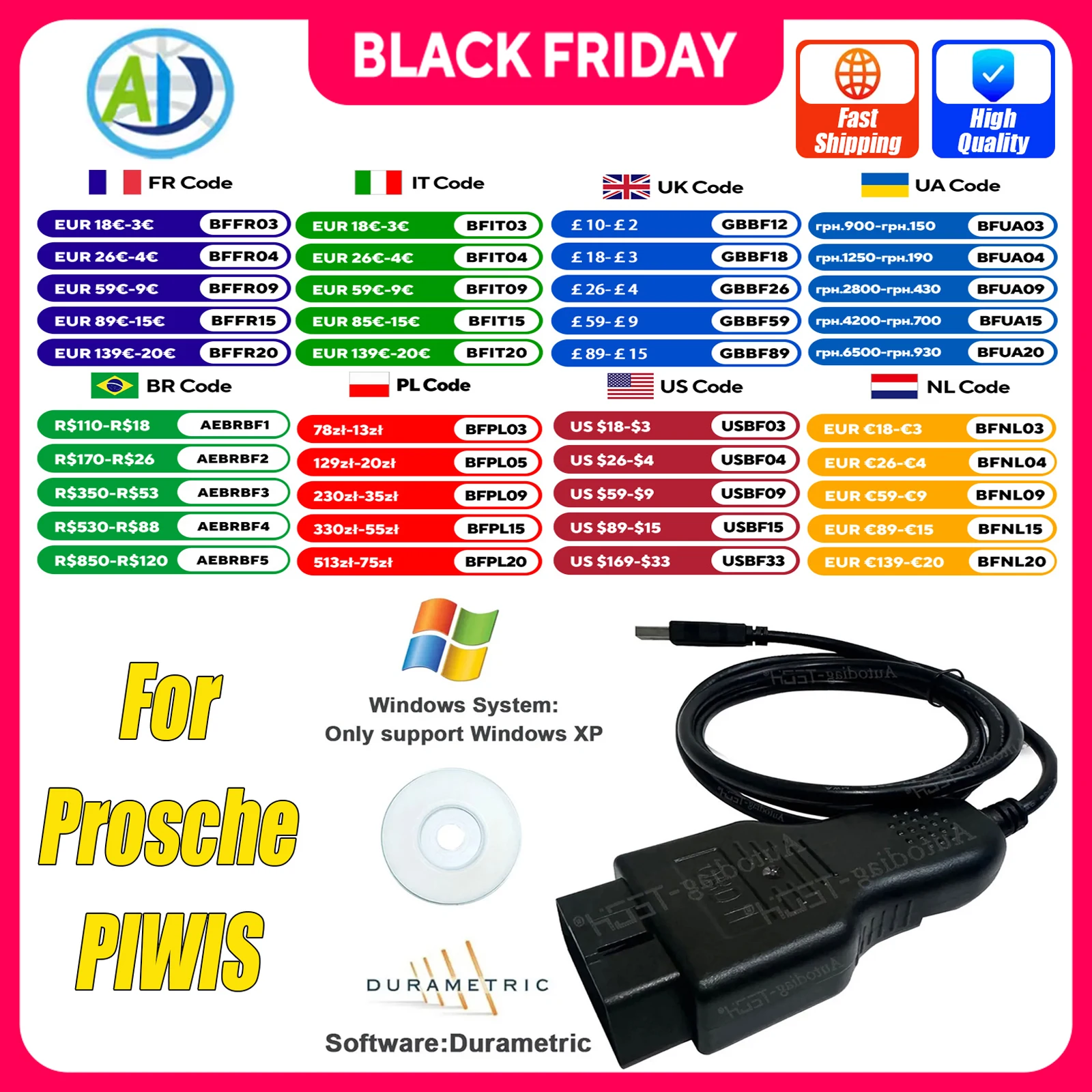 OBD2 Scanner For Porsche Piwis Compatible With Windows XP Durametric Software Auto OBDII Scanner ECU Cable OBD2 Diagnostic Cable