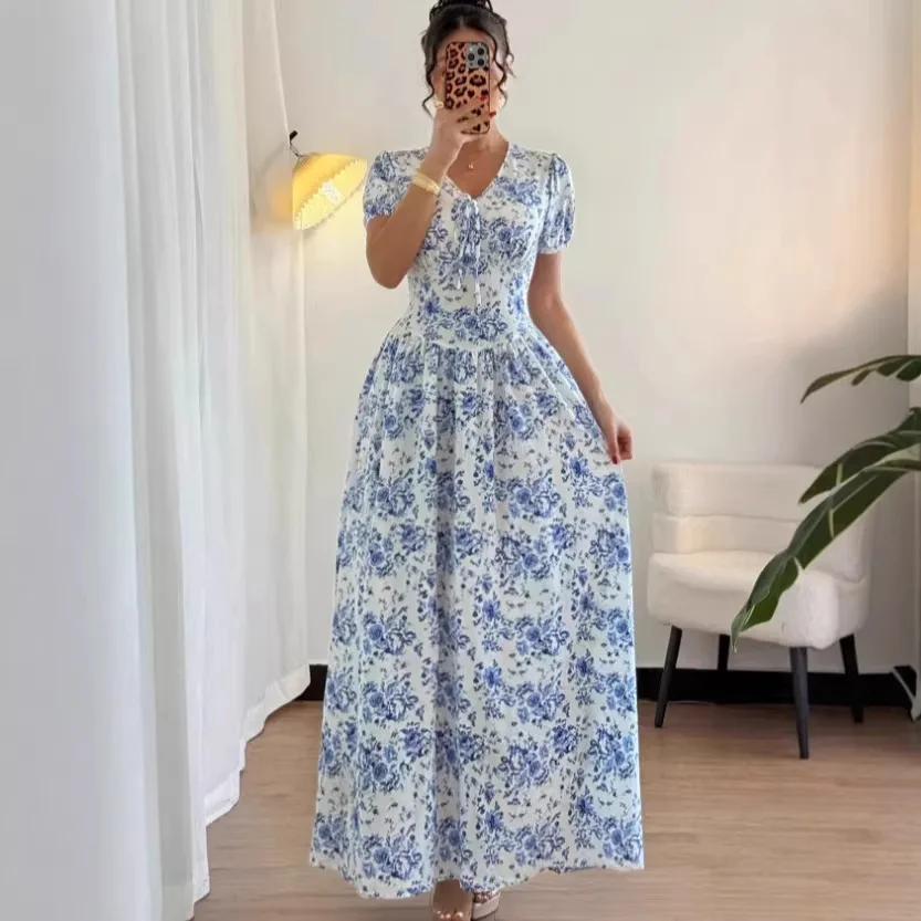 Summer Women's Short-sleeved Dress Blue V-neck Butterfly Tie High Waist Slimming Holiday Date Girl Korean Long Dress for Female
