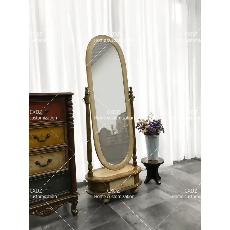 Full Length Mirror with Storage Solid Wood Floor Standing Mirror Large Mobile Dressing Mirror for Bedroom Simple Princess