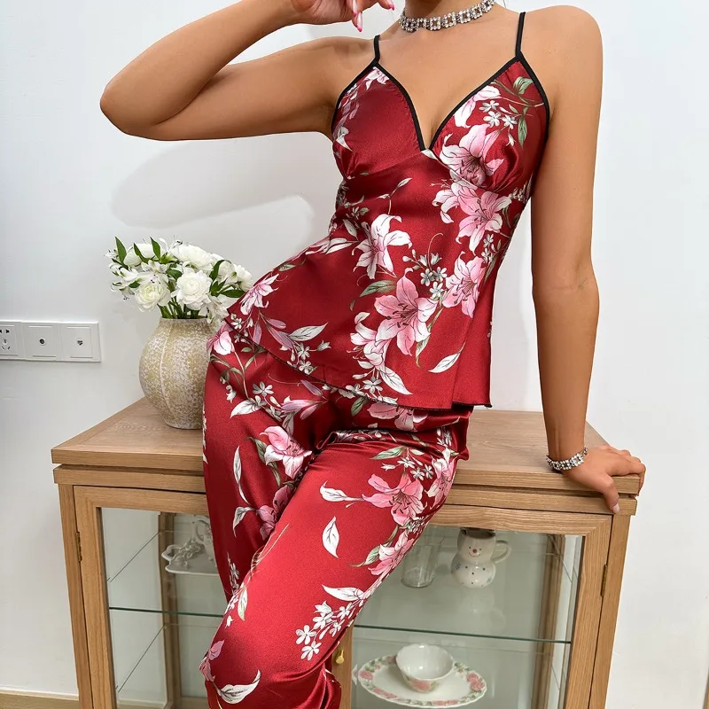 

Summer Latest Women's Ice Silk Pajamas Suit European American Fashion Sexy Suspender Loungewear Set Sleeveless Home Clothing