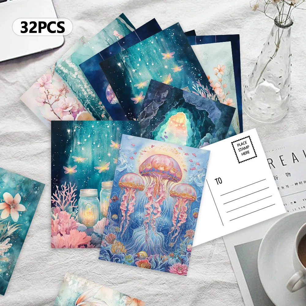 

32pcs, jellyfish shell art postcards, indoor bedroom decoration, wall stickers, message cards, greeting cards, commemorative