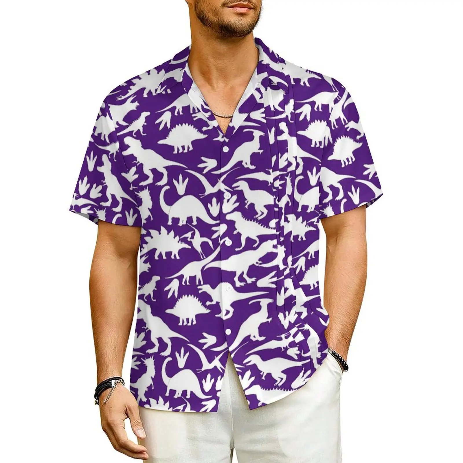 

White Dinosaur Beach Shirt Animal Silhouette Hawaii Casual Shirts Men Vintage Blouses Short Sleeve Fashion Custom DIY Clothing