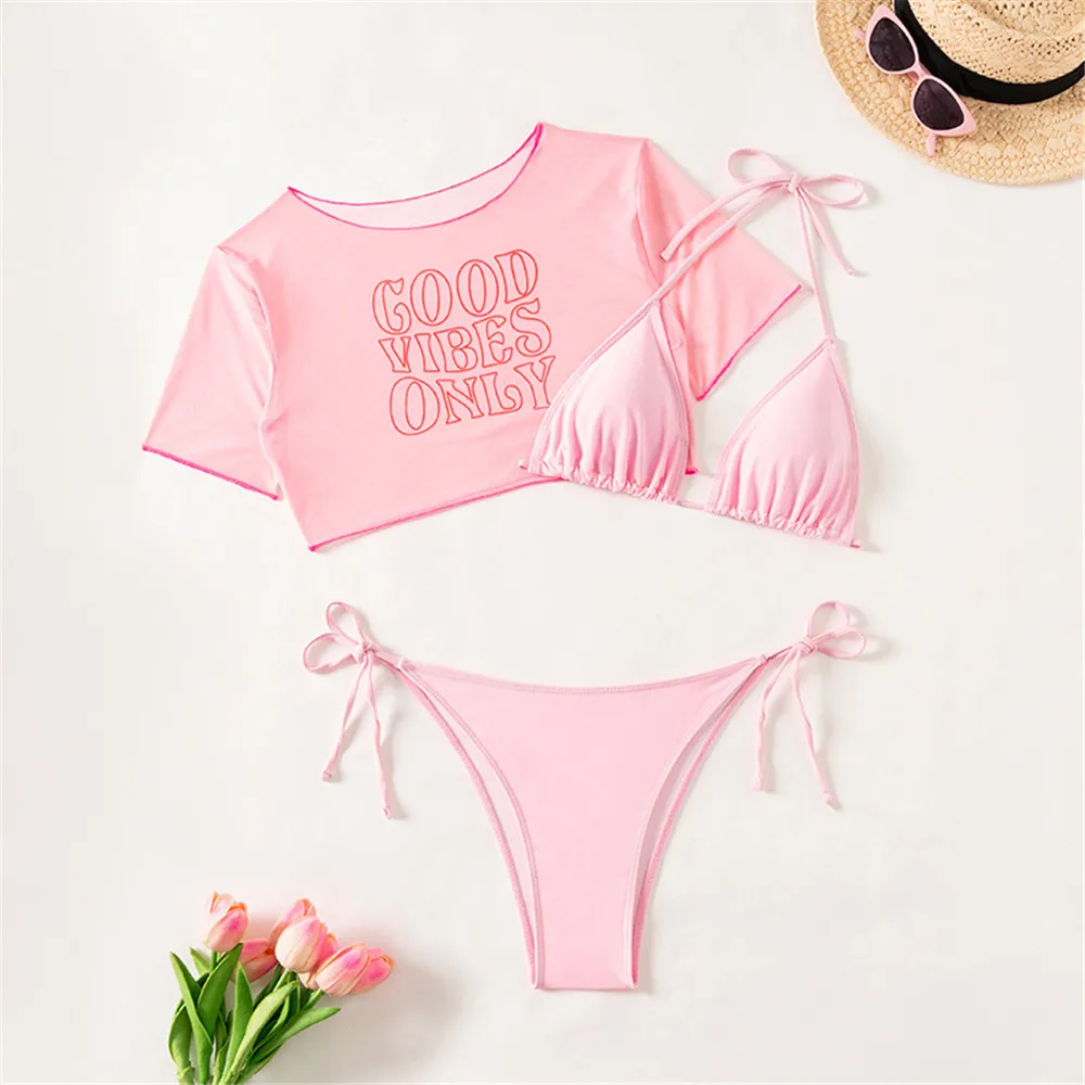Sexy Pink Swimwear Mesh Smock Tops Bikinis Sets 3 Pieces Micro Thong Swimsuit Women 2026 Halter String Triangle Bikini Biquinis