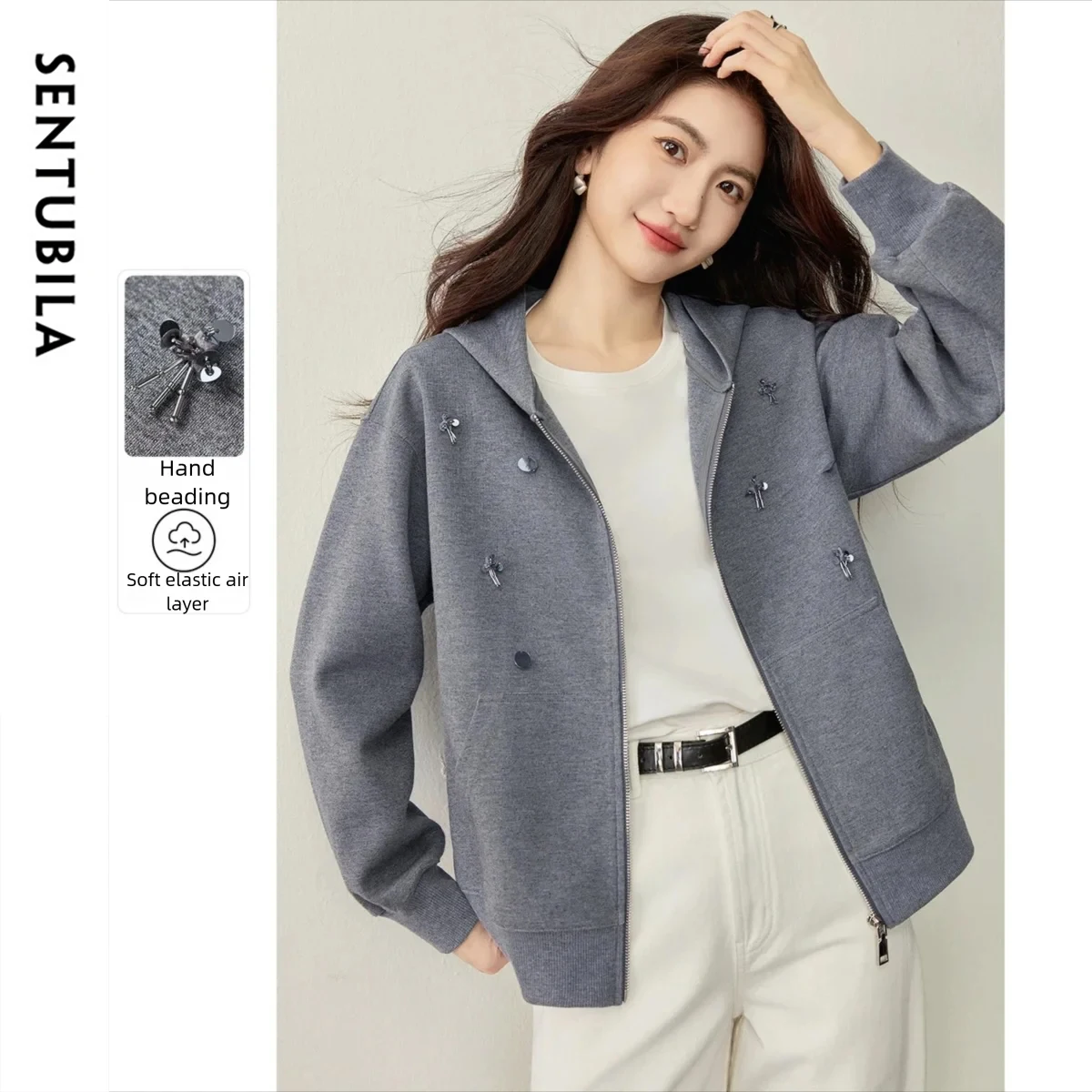 

SENTUBILA женская спортивная куртка, осень 2022, повседневное пальто с капюшоном ручной работы и бусинами, свободное серое короткое пальто с длинными рукавами 153WC2052