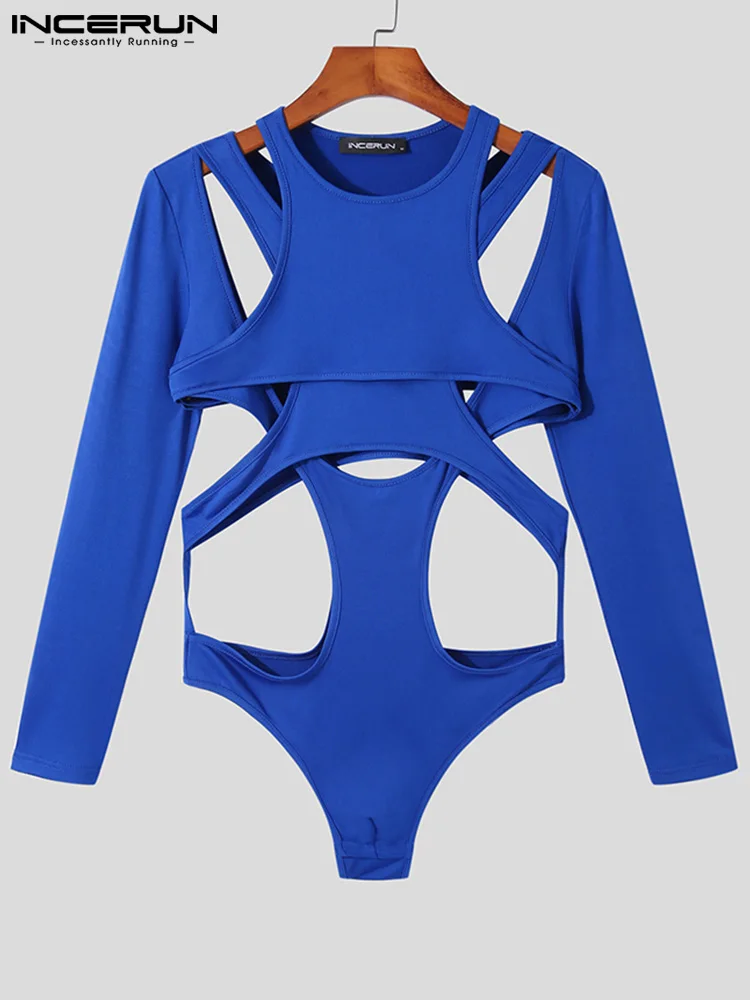 Sexy Leisure Style Loungewear Men's Hollow Onesies Stylish Male Jumpsuit Solid Long Sleeve Triangle Bodysuits S-5XL INCERUN 2023