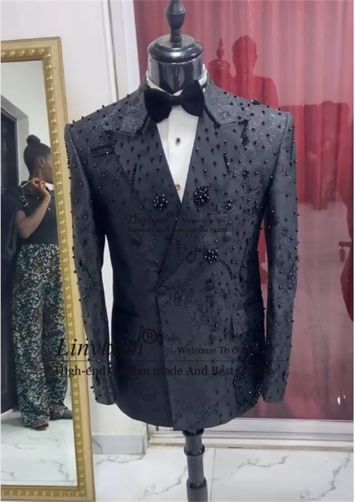 Stunning Beaded Crystals Men Suits Customized Male Prom Blazers Jacquard Wedding Groom Costume Homme 2 Pieces Set Groom Tuxedos