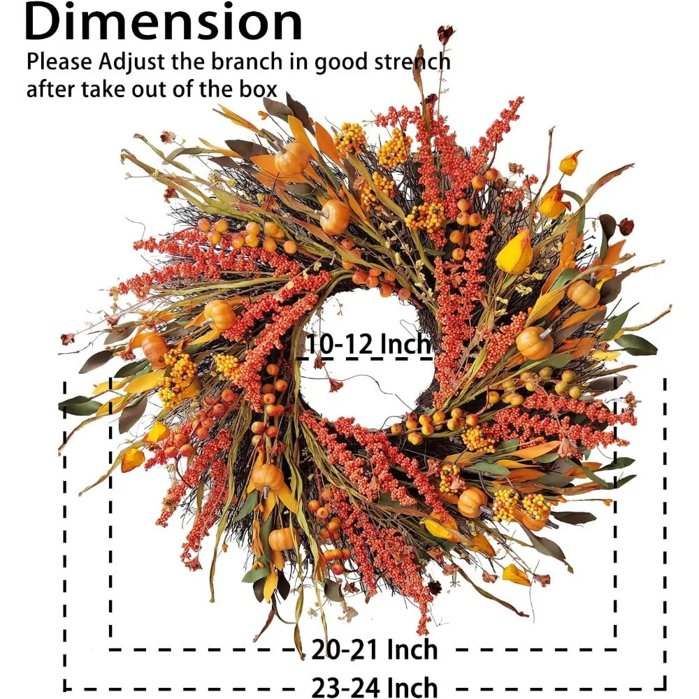 Fall Wreath Decor for Front Door with Pumpkins, Hawthorn, Grain, Eucalyptus Leaves, Large Harvest Door Wreath, 24 inch