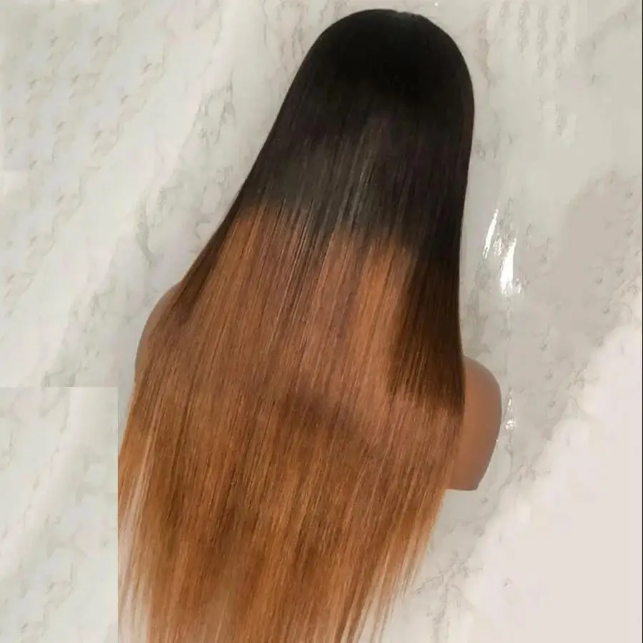 Soft 26“ Natural Ombre Brown Long Silky Straight 180 Density Machine Wig With Bangs For Women High Temperature Cosplay Glueless