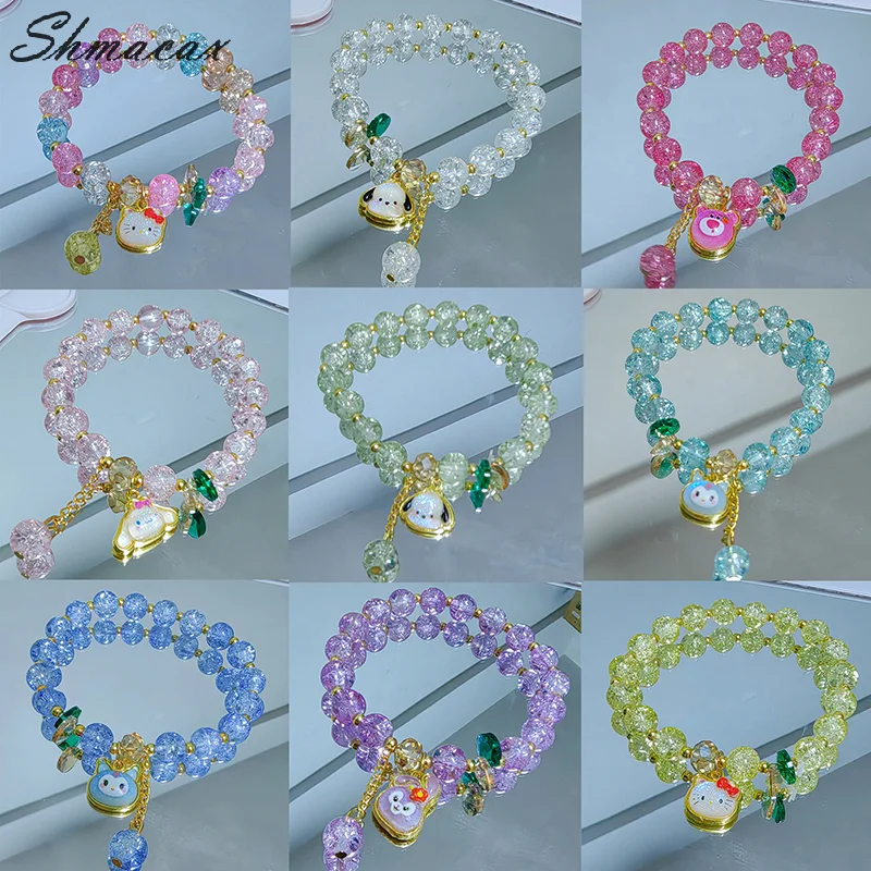 Sanrio Kuromi Hello Kitty Colorful Crystal Beaded Bracelet Cartoon Cute Pendant Bracelet For Girls Exquisite Sweet Wrist Jewelry