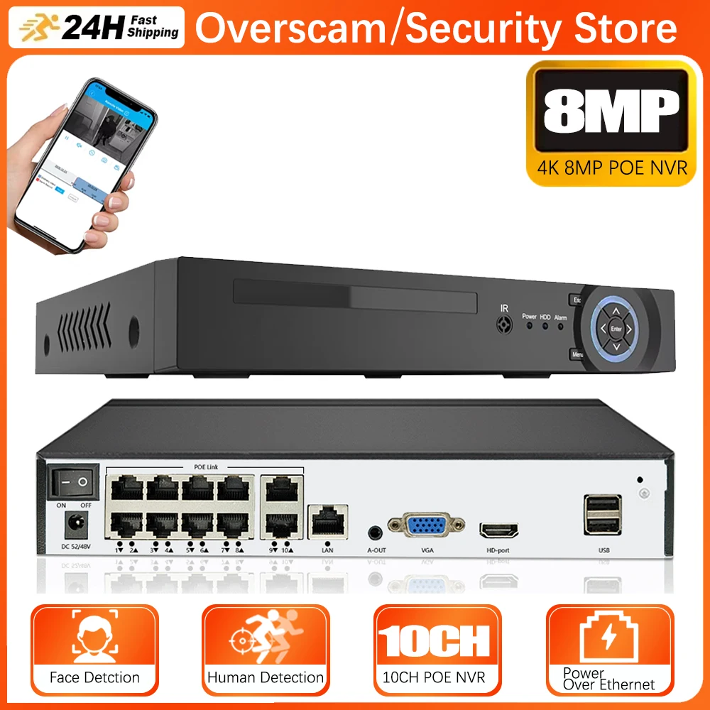 8MP POE Network 4K 10CH POE Smart NVR Video Recorder H.265 ONVIF Human Detection 4/8 Channel Face Detection NVR For IP Camera