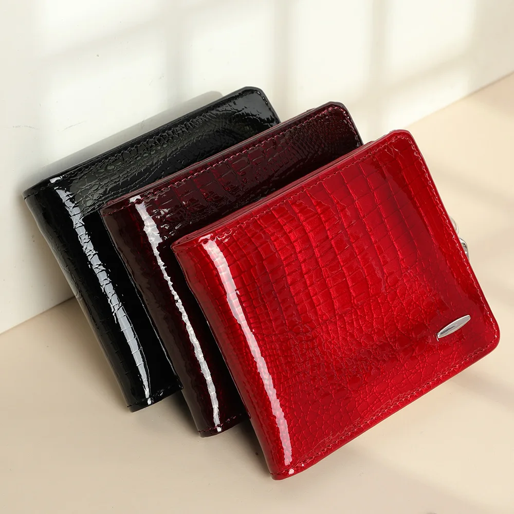 Leather wallet women's short patent leather cowhide card holder delicate women's coin purse