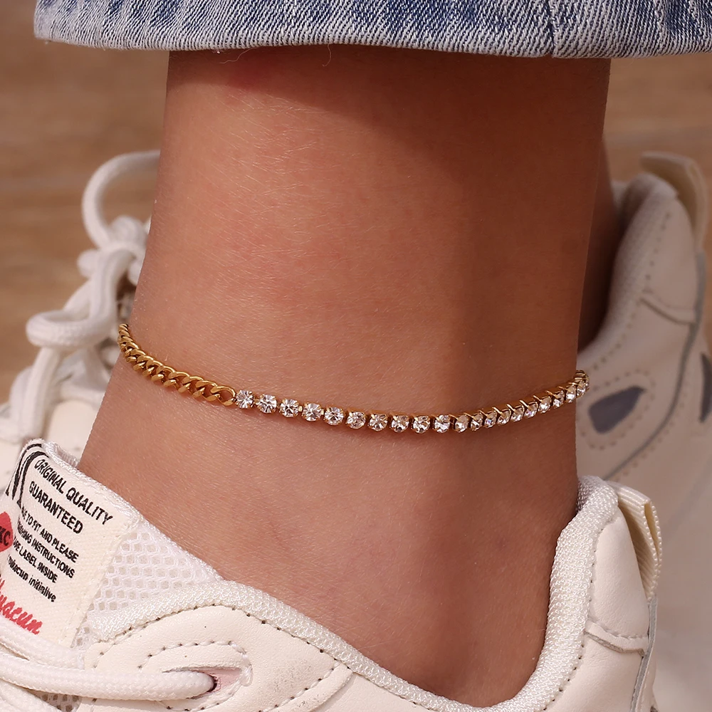 2023 New Stainless Steel PVD Plating Waterpoof Rhinestone Zircon Freshwater Pearl Rope Chain Gold Color Anklets For Women