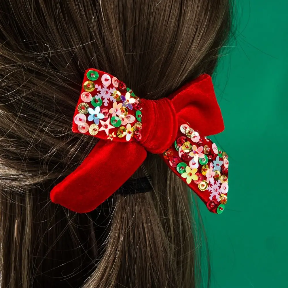 Personality Snowflake Christmas Hair Clip Sequin Flower Christmas Star Barrettes Shiny Crystal Xmas Velvet Bow Hairpin Christmas