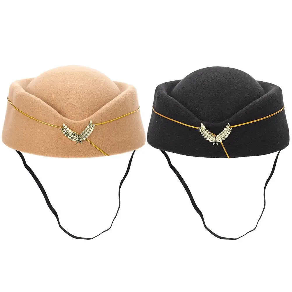 

2 Pcs Stewardess Hat Flight Attendant Airplane Woolen Cap Accessories Black Beige Uniform Prop Cosplay Party Stage Teaching