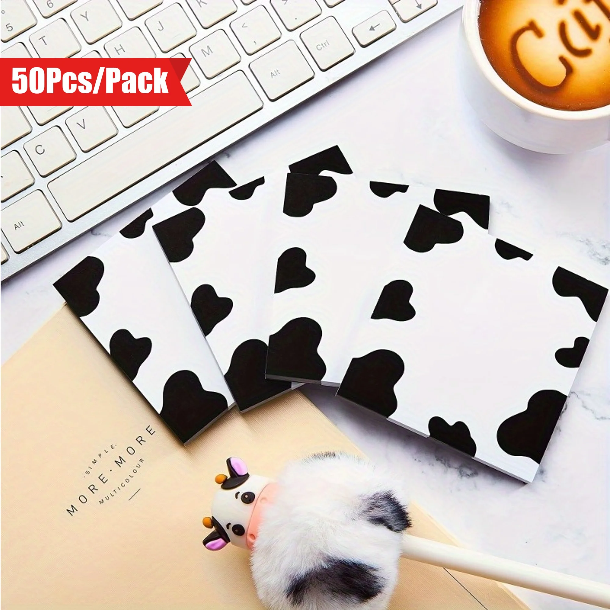 50pcs/pack Cute Cow Print Notes Sticky Note Pads Cow Print Self Adhesive Paper Memo Pads for Office Home Notebook Supplies