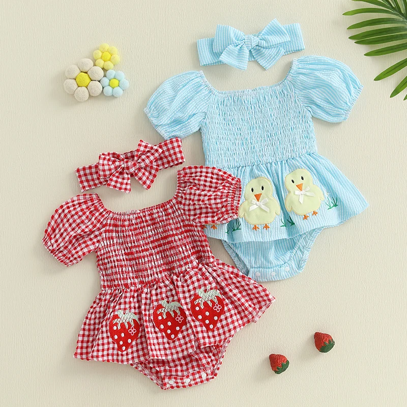 

Summer Newborn Infant Baby Girls Clothes Strawberry/Chick/Cherry Embroidered Short Sleeve Jumpsuit Romper Headband Outfits 0-18M