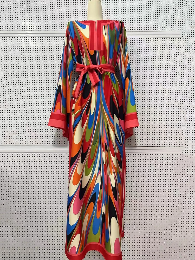 Retro geometric positioning printed lace up semi open collar pullover dress for women's fashion, loose fit plus slit skirt