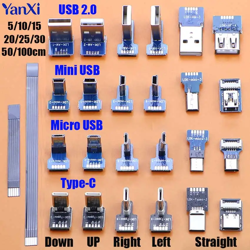 Mini Micro USB 2.0 Type-C Male Plug With 5Pin FPC Connector 5P FFC Flat Flexible Ribbon Extension Cable For Drone FPV Camera DIY