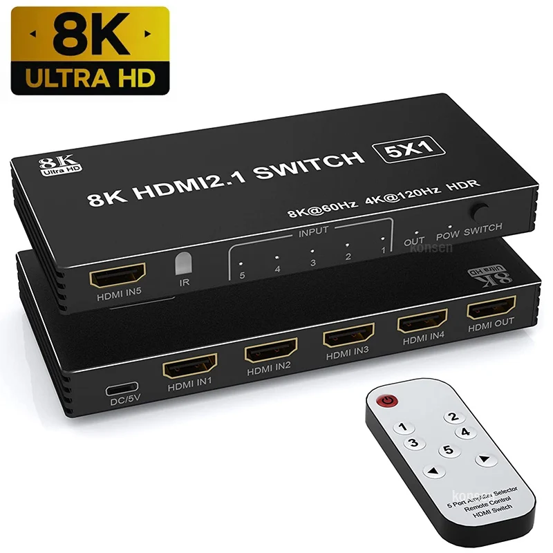 8K HDMI Switch 3x1 5x1 8K@60Hz 4K@120Hz HDMI 2.1 Switcher Selector Box 5 in 1 out with IR Remote HDR HDCP2.3 for Xbox PS4 PC TV