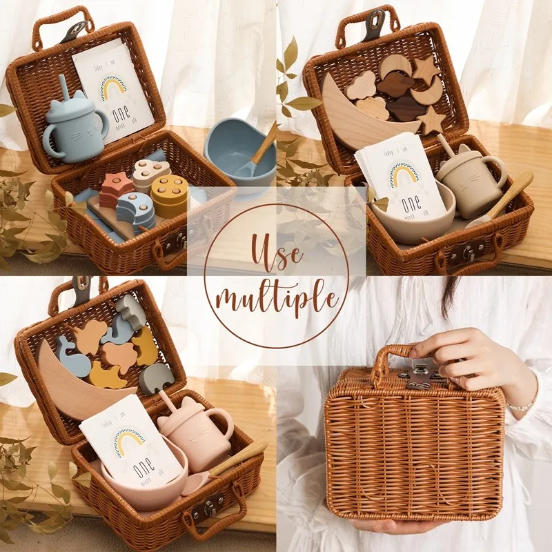 Baby Soild Food Feeding Tableware Gift Box Set Baby Wooden Stacking Puzzle Montessori Toy Set Kids Birth Vintage Dishes Gift Box