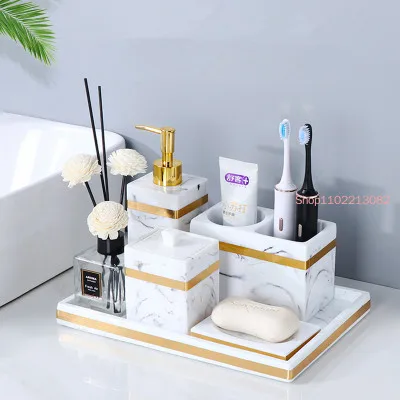 Resin Bathroom Set Liquid Soap Dispenser/Dish Toothbrush Holder Gargle Cup Tray Cotton Swab/Tissue Box Sell Separately Nordic